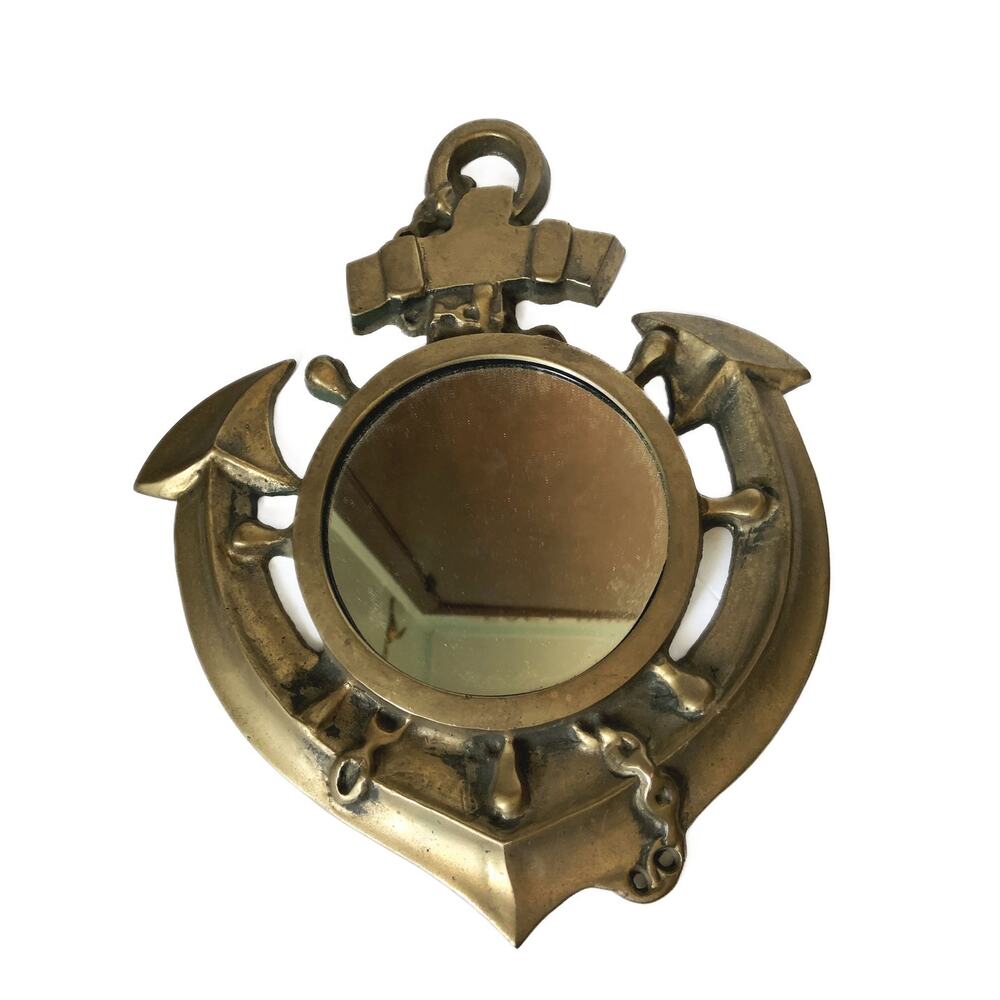 Vintage 1960s Gold Cast Iron Anchor Mirror Nautical Wall Hanging